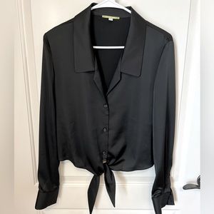 Gianni Bini Black Satin Tie Hem Button-Front Shirt Blouse - Size S